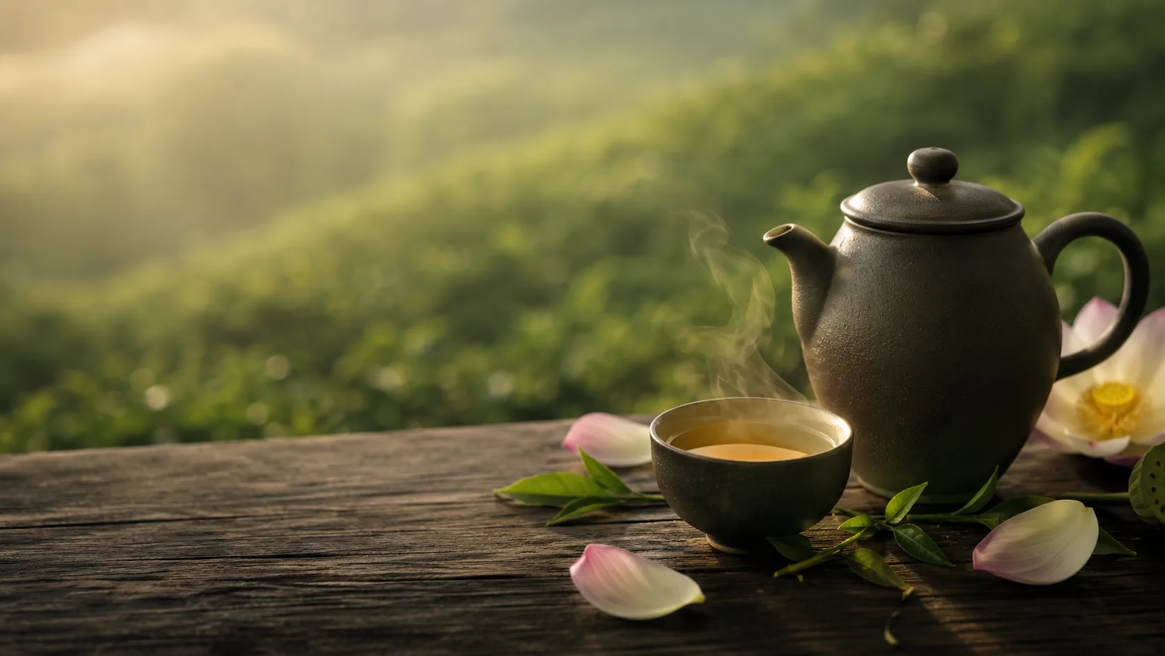 Ấm trà T-Leaf bên đồi chè